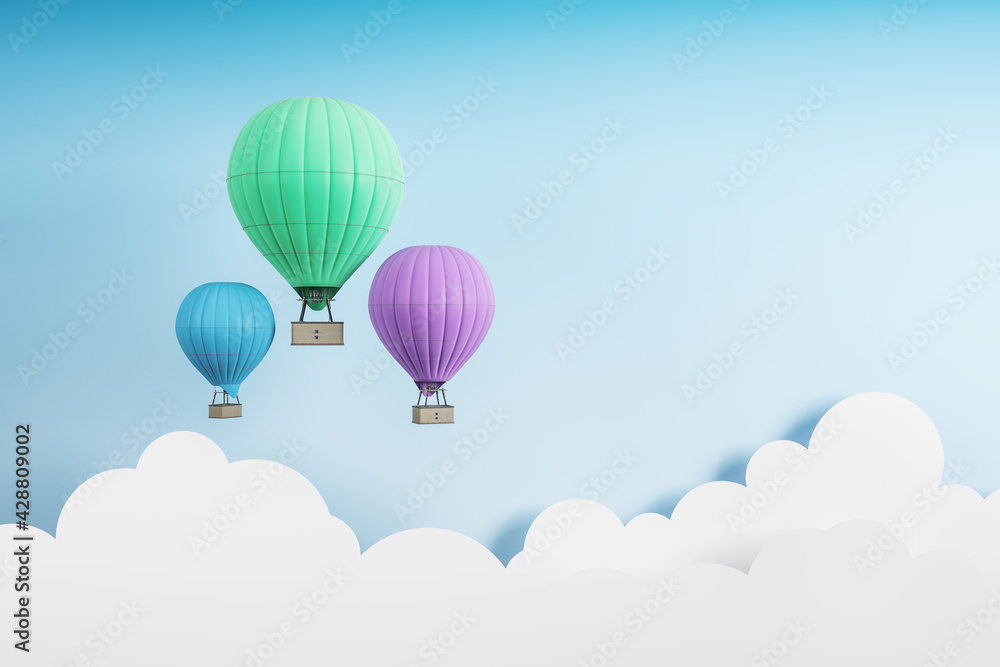 Obraz premium Green, blue and purple air balloons flying on a blue background with white clouds. Fantasy and idea concept, 3d rendering