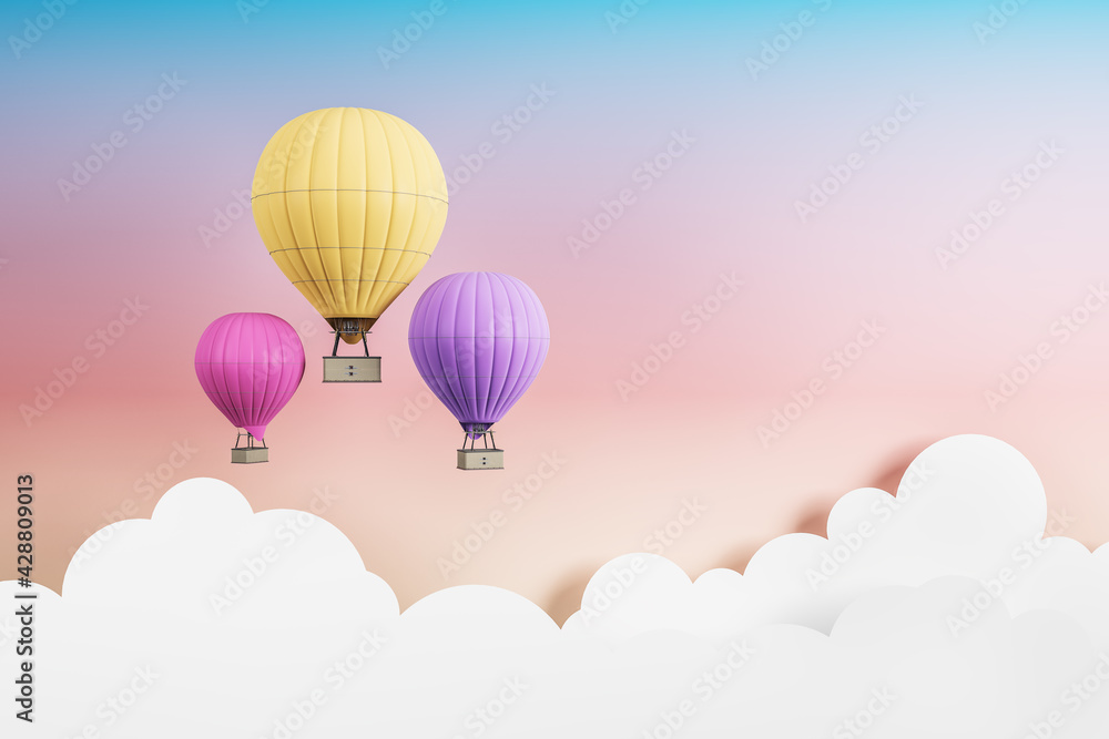 Fototapeta premium Yellow, pink and purple air balloons flying on a bright background with white clouds. Fantasy and idea concept, 3d rendering