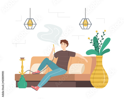 Cartoon Color Character Person Male Smoking in Hookah Bar Concept. Vector