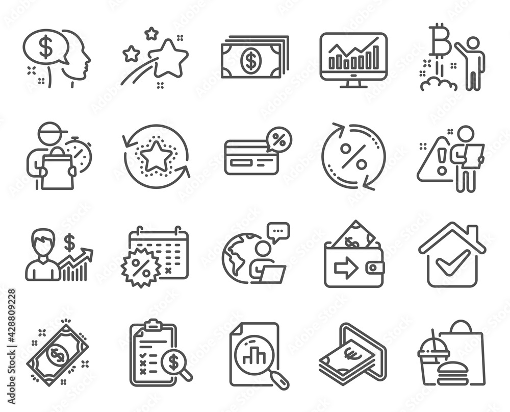 Finance icons set. Included icon as Accounting report, Pay, Payment signs. Loan percent, Calendar discounts, Wallet symbols. Banking, Loyalty points, Bitcoin project. Statistics, Cash. Vector