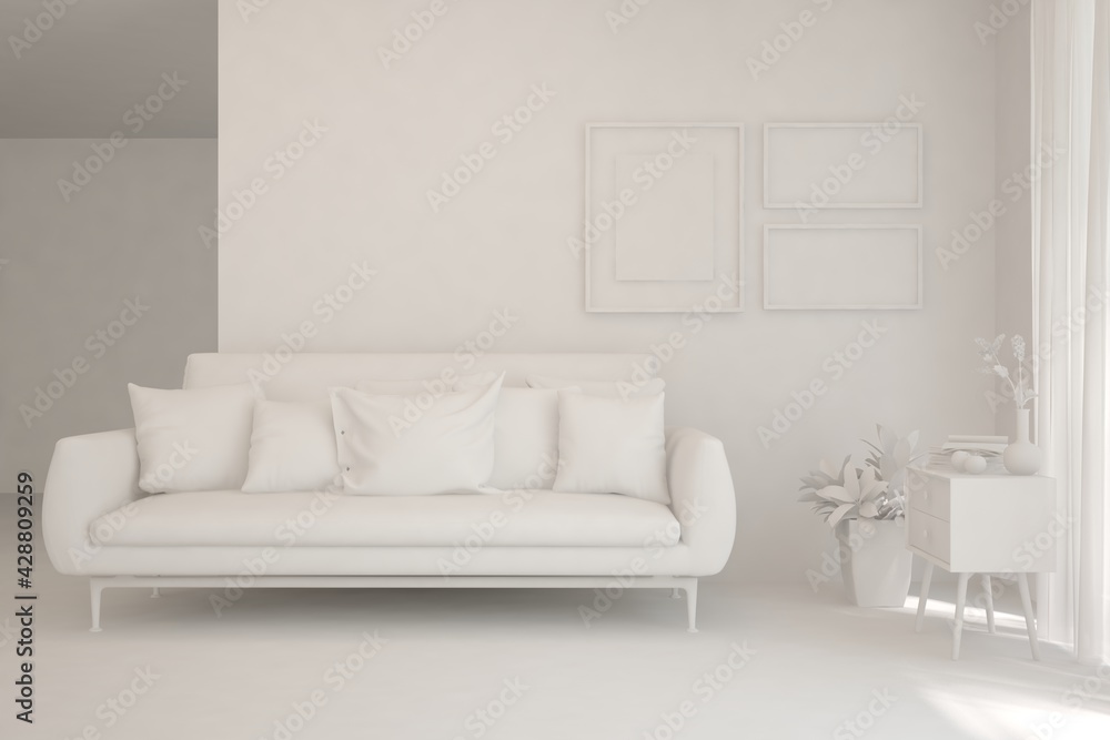 Mock up of minimalist living room in white color with sofa. Scandinavian interior design. 3D illustration Mock up of minimalist living room in white color with sofa. Scandinavian interior design. 3D illustration