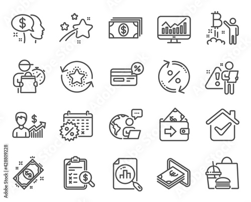 Finance icons set. Included icon as Accounting report, Pay, Payment signs. Loan percent, Calendar discounts, Wallet symbols. Banking, Loyalty points, Bitcoin project. Statistics, Cash. Vector © blankstock