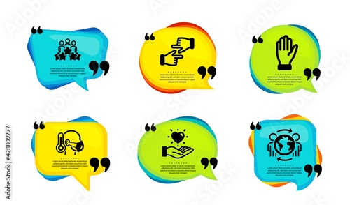 Hand, Click hands and Business meeting icons simple set. Speech bubble with quotes. Hold heart, Sick man and Global business signs. Waving palm, Direction, Rating star. Vector