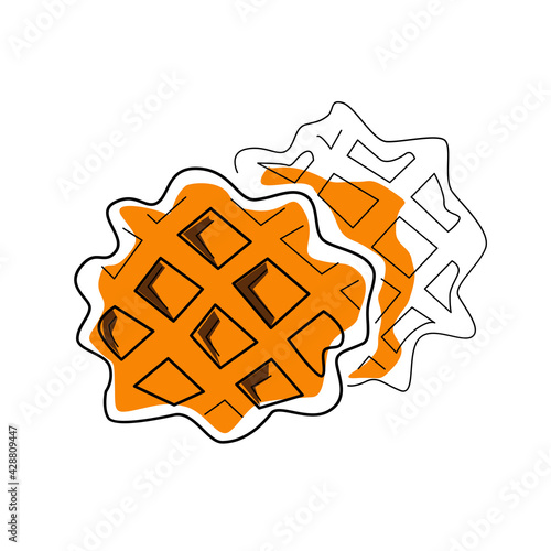 hand drawn two belgian waffles dessert outline with colors illustration