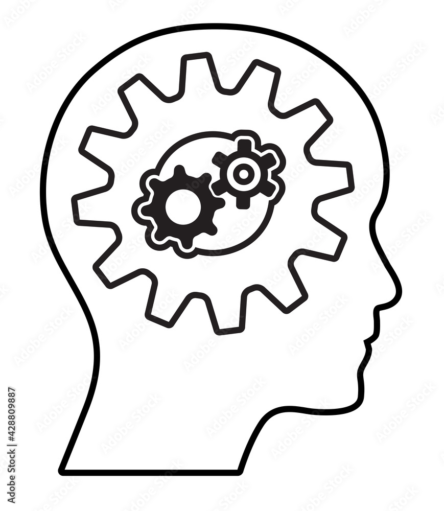 Outline of human head with cogwheels. Business concept illustration to use in thinking, creativity, innovation and development projects and presentations. Outline of human head with cogwheels. Business concept illustration to use in thinking, creativity, innovation and development projects and presentations.
