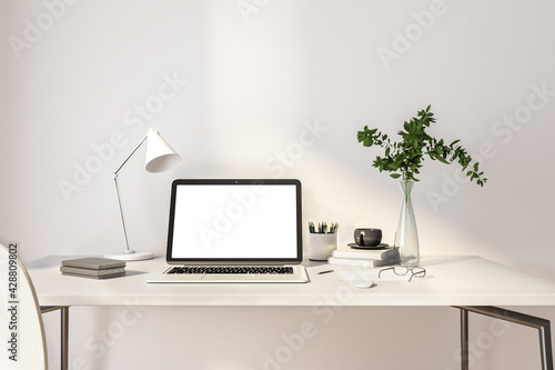 Blank white laptop screen on modern interior design home office work place. 3D rendering, mock up