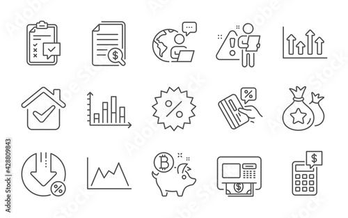 Diagram, Diagram graph and Bitcoin coin line icons set. Upper arrows, Financial documents and Credit card signs. Loan percent, Checklist and Discount symbols. Line icons set. Vector