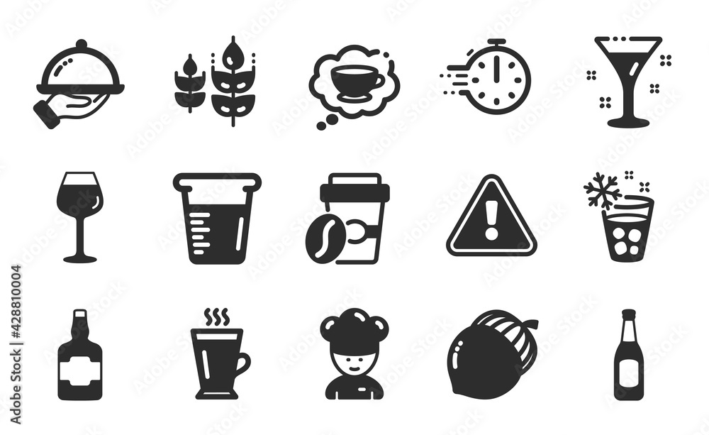 Ice maker, Takeaway coffee and Whiskey bottle icons simple set. Cooking beaker, Cooking timer and Gluten free signs. Restaurant food, Coffee cup and Bordeaux glass symbols. Flat icons set. Vector