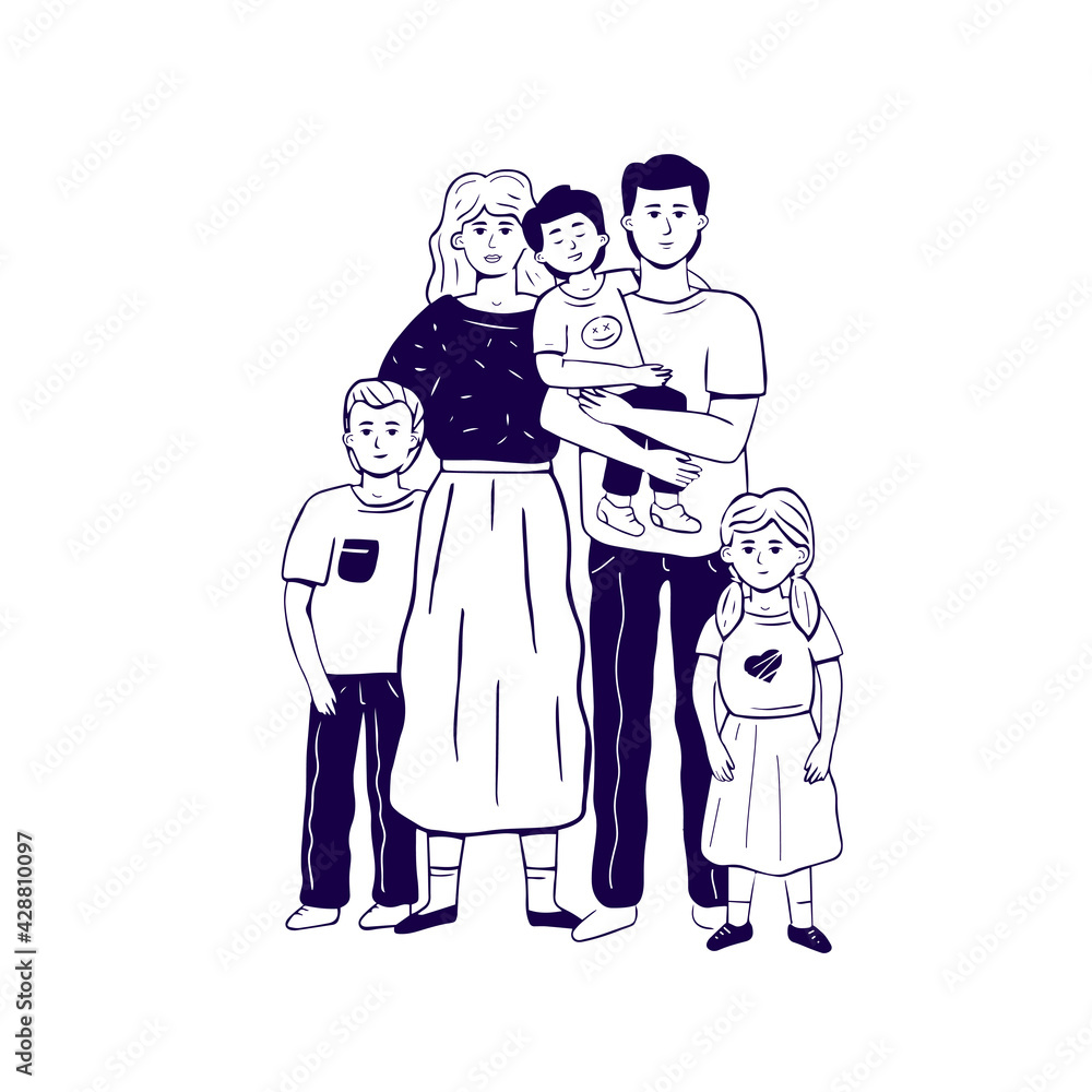 The hand drawn monochrome family standing in embrace. Mother, father, daughter, son, teen, siblings. Vector illustration in sketch doodle style.