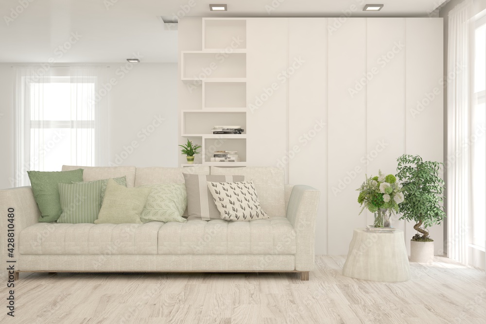 Fototapeta premium White living room with sofa. Scandinavian interior design. 3D illustration