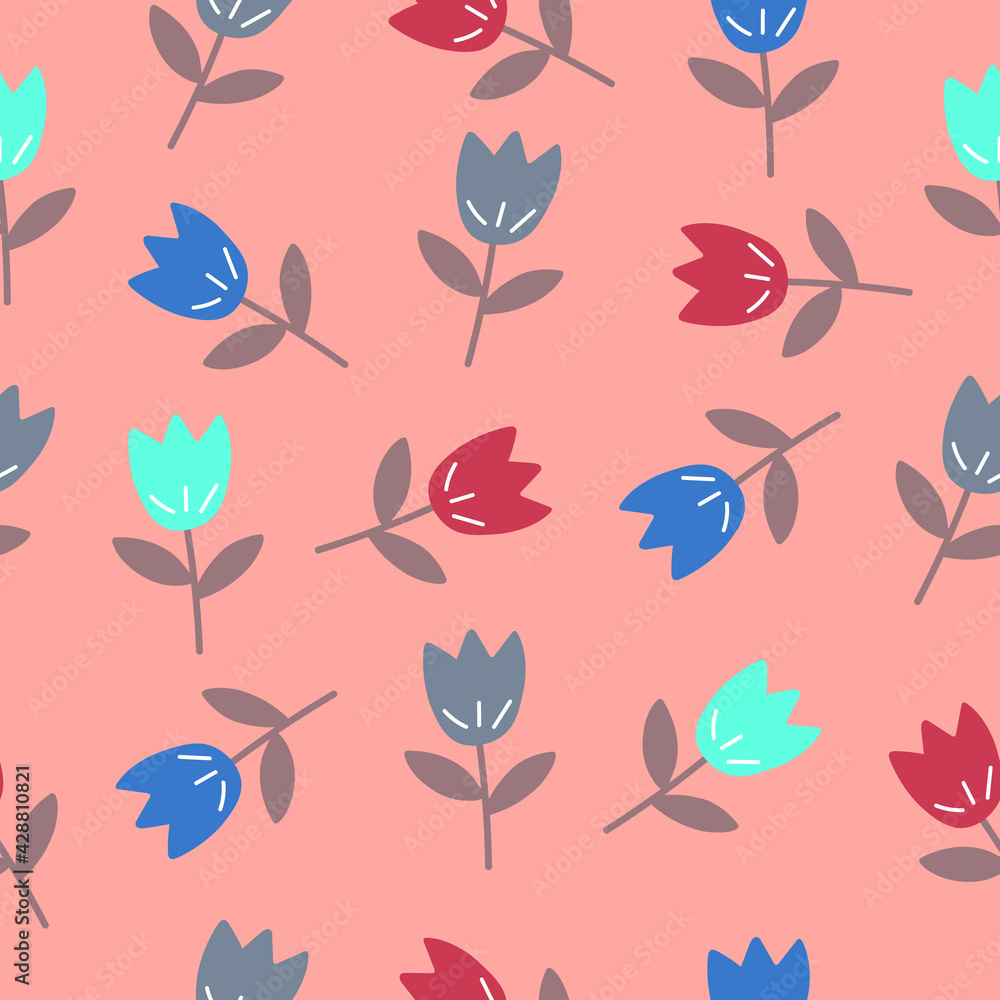 Seamless tulip pattern with red blue green tulips on orange background. Flower background. Flower wallpaper. Seamless tulip pattern with red blue green tulips on orange background. Flower background. Flower wallpaper.