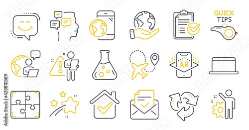 Set of Technology icons, such as Puzzle, Augmented reality, Survey checklist symbols. Mobile internet, Laptop, Messages signs. Save planet, Smile chat, Chemistry lab. Recycle, Tutorials. Vector