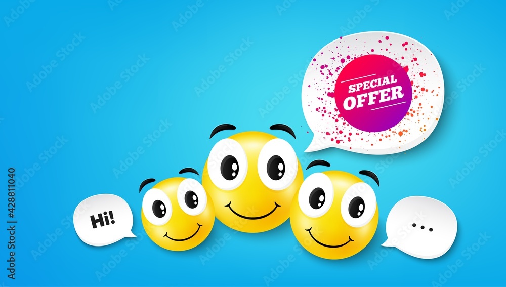 Special offer sticker. Smile face with speech bubble. Discount banner shape. Sale coupon bubble icon. Smile face character. Special offer speech bubble icon. Chat background. Vector Special offer sticker. Smile face with speech bubble. Discount banner shape. Sale coupon bubble icon. Smile face character. Special offer speech bubble icon. Chat background. Vector