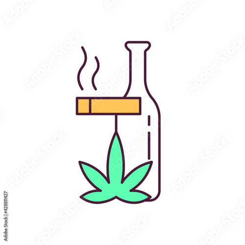 Bad habits RGB color icon. Harmful addiction. Smoking, alcohol and drugs consumption. Serious health problems. Negative behaviour pattern. Unhealthy lifestyle. Isolated vector illustration
