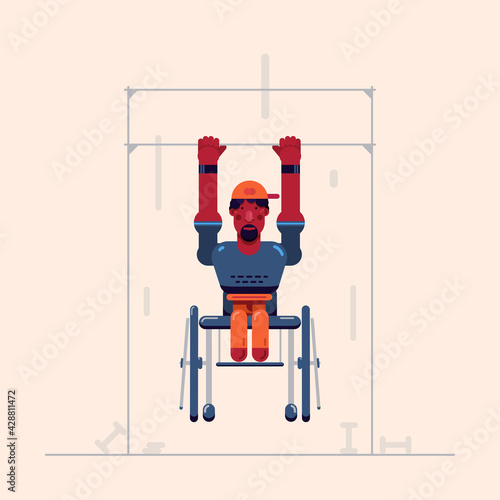 Vector illustration with one young dark skin man in wheelchair with amputated legs pulls up in gym.