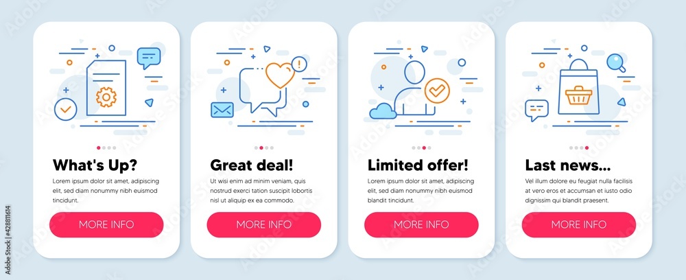 Set of Business icons, such as Heart, File settings, Identity confirmed symbols. Mobile app mockup banners. Online buying line icons. Love chat, File management, Person validated. Vector Set of Business icons, such as Heart, File settings, Identity confirmed symbols. Mobile app mockup banners. Online buying line icons. Love chat, File management, Person validated. Vector