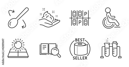 Disability, Sun energy and Parking place line icons set. Toilet paper, Search book and Skin care signs. Chemistry beaker, Cooking spoon symbols. Disabled person, Solar panels, Transport. Vector