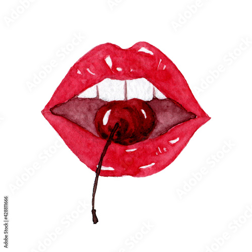 A mouth with red lipstick and a cherry inside hand drawn watercolor clip art isolated on white background