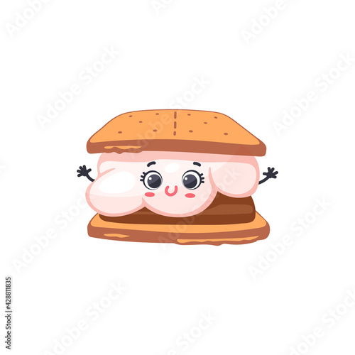 Smore with marshmallow with kawaii face, cartoon vector illustration isolated.