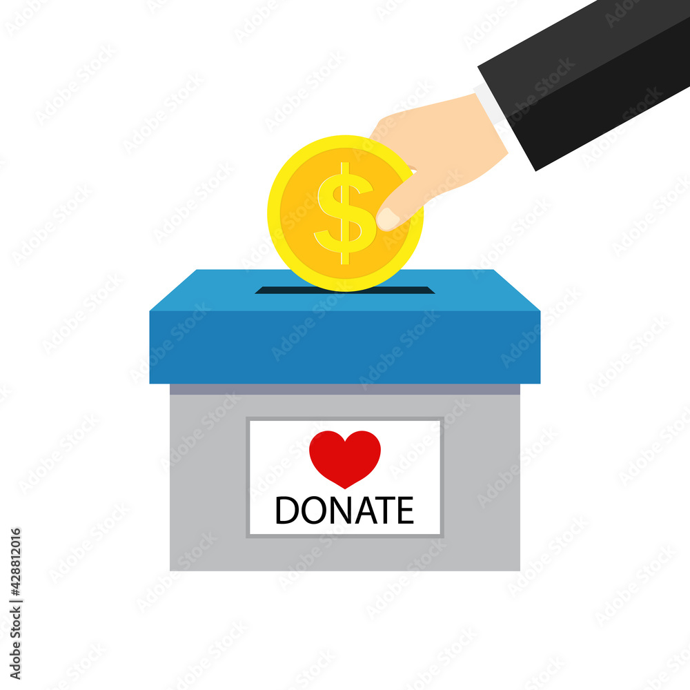 Money box for charity donate. Hand giving coin for charity help. Campaign of fundraising for donate. Icon of fund of donation. Financial contribution from heart with love for charitable. Vector Money box for charity donate. Hand giving coin for charity help. Campaign of fundraising for donate. Icon of fund of donation. Financial contribution from heart with love for charitable. Vector