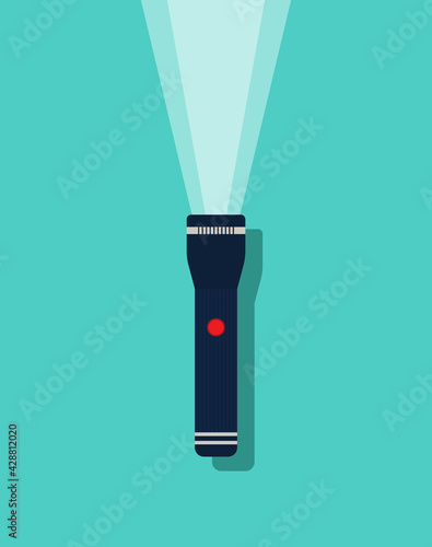 Flashlight icon. Beam of light from lantern. Torch with button, flash for search. Lamp on battery isolated on blue background. Design of electric spotlight for dark night. Portable torchlight. Vector