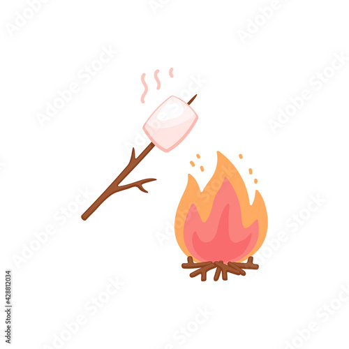 Marshmallow on stick roasting on bonfire, flat vector illustration isolated.