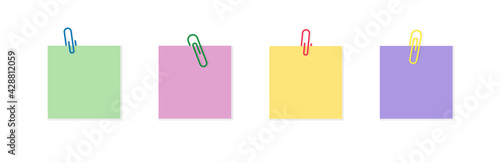 Paper clip with memo. Paperclip with note. Color notepaper with paperclip for reminder in school, office and home. Metal pin on paper sticker with shadow. Blank label for announcement. Vector