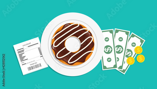 Tip and bill of money in restaurant. Plate with donut, receipt and payment. Cheque from waiter and paying from customer with tips. Meal in cafe. Lunch with invoice on table for cafeteria. Vector