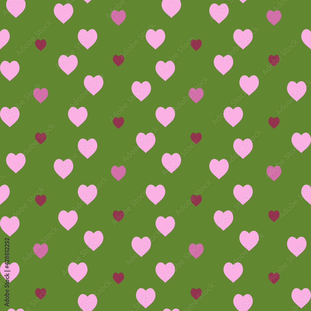Seamless pattern with light and dark pink hearts on green background. Vector image.