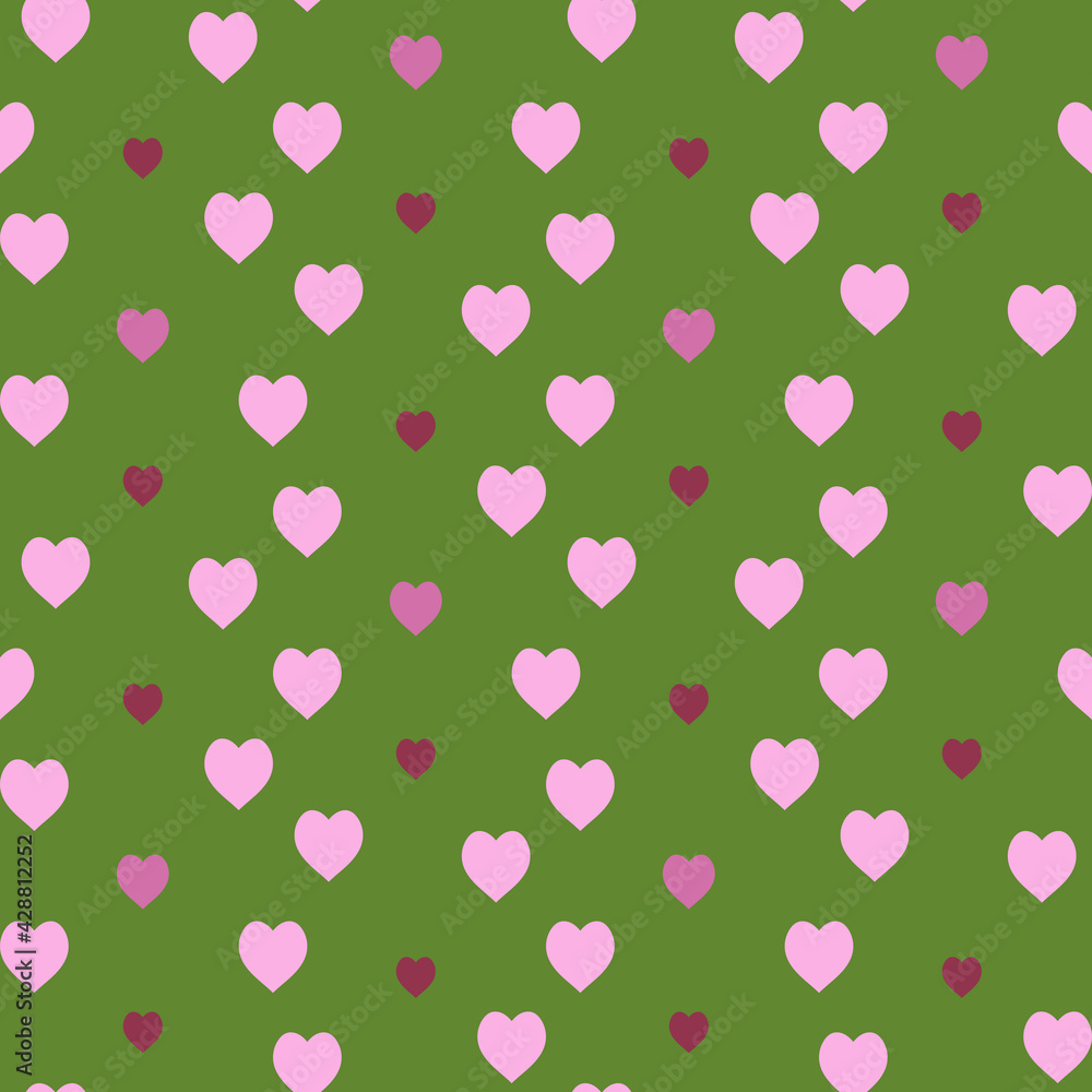 Seamless pattern with light and dark pink hearts on green background. Vector image. Seamless pattern with light and dark pink hearts on green background. Vector image.