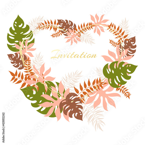 Decorated heart with colorful tropical leaves. Vector invitation template.