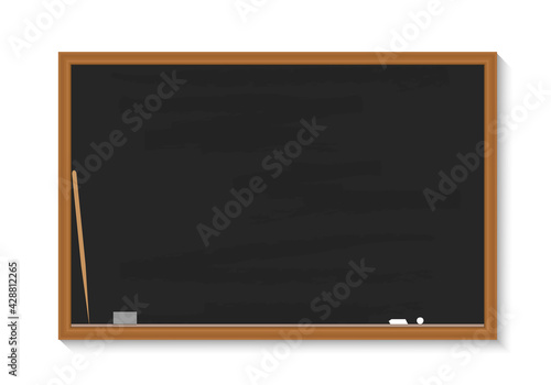School blackboard. Chalkboard with chalk, pointer, sponge. Black board with wood frame for classroom. Blank wooden texture isolated on white background. Banner for class, teacher, university. Vector