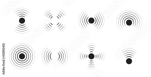 Wave sonar. Radar with signal. Icon of pulse. Concentric sound circle. High sonic frequency with vibration in air. Noise and energy from speaker. Symbol of radio, military protection and scan. Vector photo