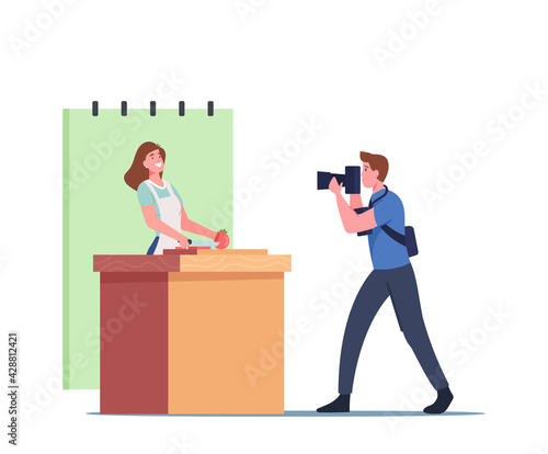 Professional Videographer Male Character Recording Female Blogger or Tv Anchorman in Apron on Video Camera at Kitchen