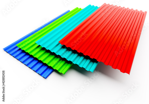 Roof panels in different colors. Sheets of corrugated board top view. Polymer coated profiled metal sheet for roofing. Concept - sale of roofing materials. Roof panels on white background.