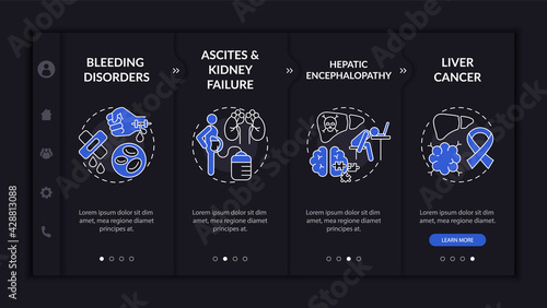 Hepatic failure onboarding vector template. Responsive mobile website with icons. Web page walkthrough 4 step screens. Uncontrolled bleeding, tumor night mode concept with linear illustrations