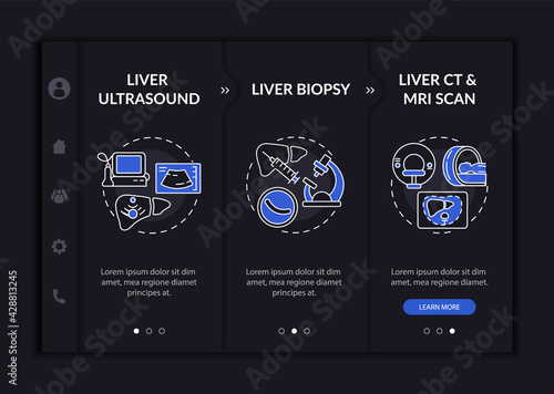 Liver testing onboarding vector template. Responsive mobile website with icons. Web page walkthrough 3 step screens. Stomach ultrasound, biopsy night mode concept with linear illustrations