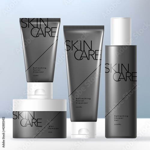 Vector Men's Grooming or Toiletries Packaging Bundle with Opaque Black Jar, Bottle and Tube.