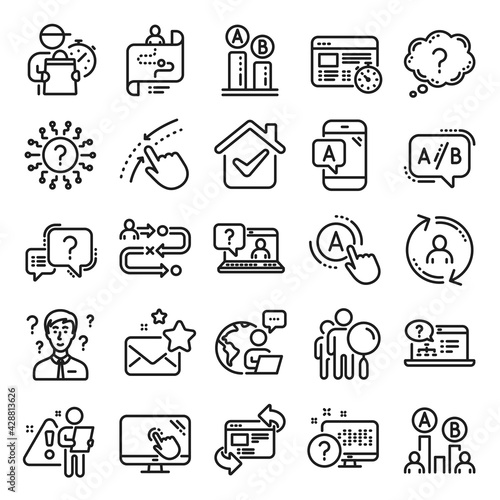 UX line icons. Set of AB testing, Journey path map and Question mark icons. Usability quiz test, Ux Ui and User flow. Project process, ab testing graph, survey test results. Quiz question. Vector