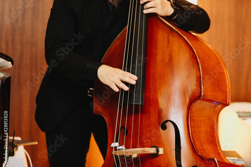 Close up hand of Contrabass player playing the double bass on the stage, classical music instrument