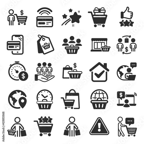 Buyer customer icons. Contactless payment card, shopping cart and group of people. Store, buyer loyalty card, client ranking set icons. Shopping timer, phone payment, currency. Flat icon set. Vector