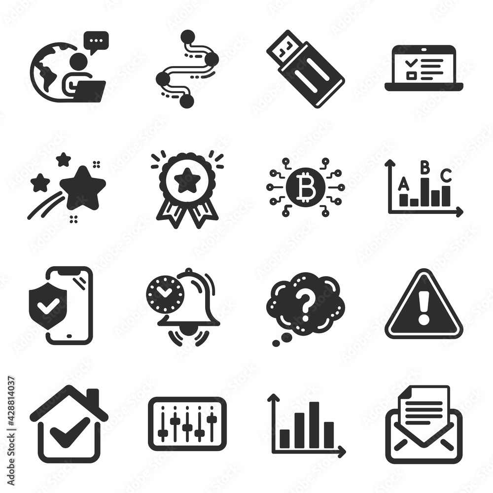 Set of Technology icons, such as Web lectures, Question mark, Loyalty award symbols. Bitcoin system, Dj controller, Time management signs. Mail correspondence, Timeline, Diagram graph. Vector Set of Technology icons, such as Web lectures, Question mark, Loyalty award symbols. Bitcoin system, Dj controller, Time management signs. Mail correspondence, Timeline, Diagram graph. Vector