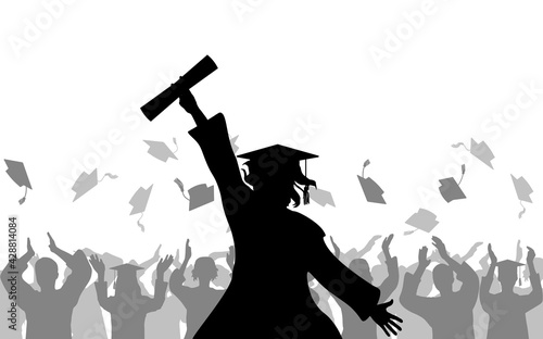 Cheerful girl graduates with diploma on background of joyful crowd of people throwing mortarboards or academic caps, silhouette. Vector illustration