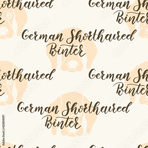 Vector earth tones German Shorthaired Pointer breed name seamless pattern background. Perfect for fabric, wallpaper, scrapbooking, stationery, invitation projects.