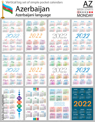 Azerbaijani vertical pocket calendars for 2022. Week starts Monday