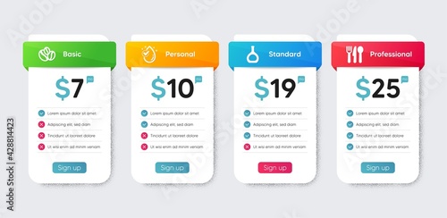 Food and drink icons set. Price table chart, business plan template. Included icon as Cognac bottle, Food, Coffee-berry beans signs. Water drop flat icons. Vector
