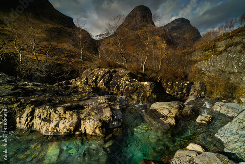 Morning view of Glencoe, Highlands, Scotland with sunlight on the water and trees.