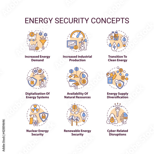 Energy security concept icons set. Access energy resources idea thin line RGB color illustrations. Increased demand. Industrial production. Vector isolated outline drawings. Editable stroke
