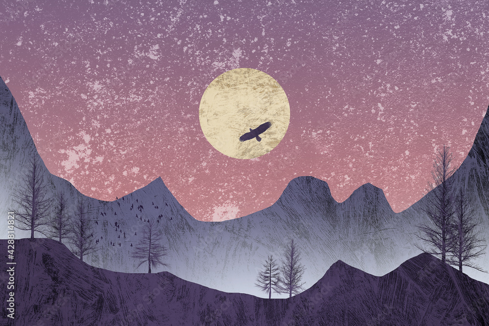Purple mountains at full moon