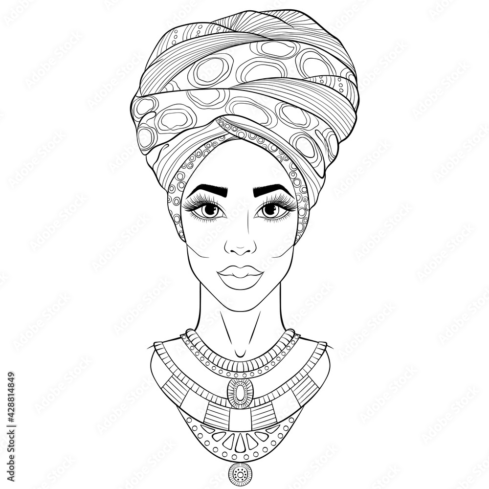 African beauty, full face portrait of the beautiful black woman in turbans.  Vector line art hand drawn illustration isolated on a white background.  Fashion model for tattoo, coloring book page Stock Vector |
